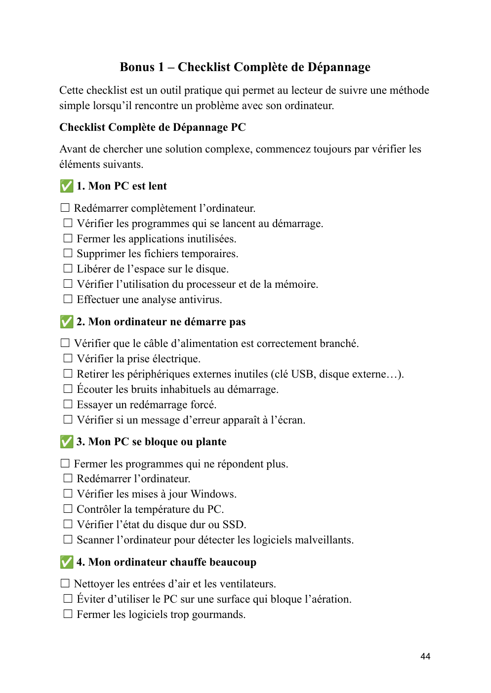 Page réelle de la checklist de dépannage