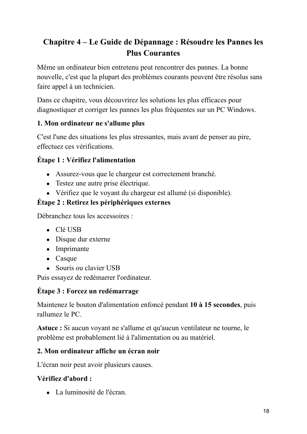Page réelle du chapitre sur les pannes courantes
